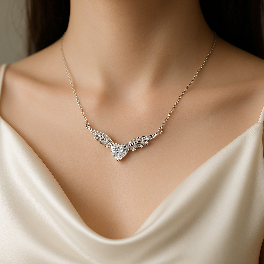 Elegant Crystal Angel Wing Heart Choker Necklace Women Girls Silver Jewellery